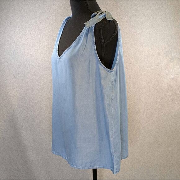 Jane & Delancey Chambray Tank Top Women L Tie Shoulder Sleeveless V Neck Blouse - Picture 12 of 12